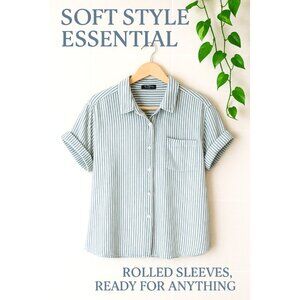 Velvet Heart Los Angeles Green White Striped Button Front Short Sleeve Blouse/ L